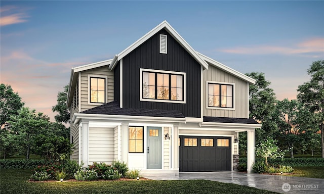 19124 Meridian Dr SE Unit Cw 04, Bothell, WA 98012 - modern farmhouse with board and batten siding, a garage, driveway, and a shingled roof