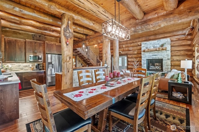 158 Big Pine Dr, Leavenworth, WA 98826 - dining area featuring wood ceiling with exposed beams, hardwood / wood-style flooring, and stairs