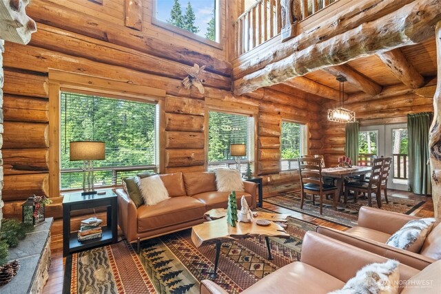 158 Big Pine Dr, Leavenworth, WA 98826 - living area with hardwood / wood-style floors, wood ceiling with exposed beams, and a towering ceiling