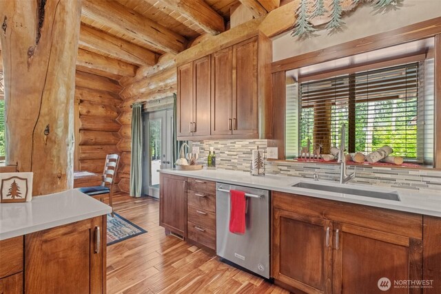 158 Big Pine Dr, Leavenworth, WA 98826 - kitchen with dishwasher, log walls, decorative backsplash, a sink, and light wood-type flooring
