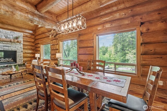 158 Big Pine Dr, Leavenworth, WA 98826 - dining room featuring wood finished floors, plenty of natural light, wood ceiling with exposed beams, rustic walls, and a stone fireplace