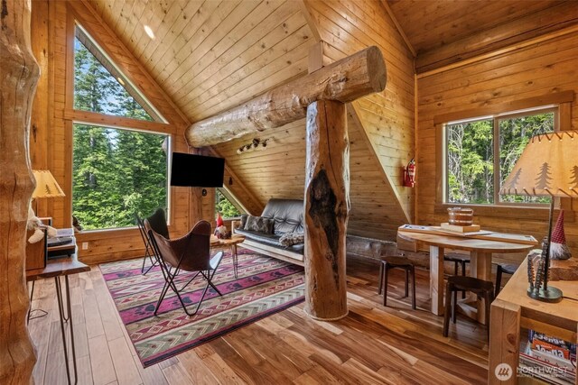 158 Big Pine Dr, Leavenworth, WA 98826 - sitting room featuring lofted ceiling, wood walls, wooden ceiling, and hardwood / wood-style floors