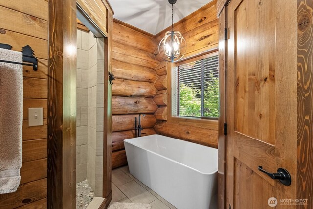 158 Big Pine Dr, Leavenworth, WA 98826 - full bathroom featuring a freestanding bath, rustic walls, tile patterned floors, and walk in shower