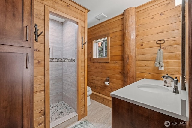 158 Big Pine Dr, Leavenworth, WA 98826 - full bath with toilet, a shower stall, vanity, and wood walls