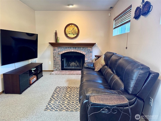 1711 Mount Rainier Blvd, Spanaway, WA 98387 - carpeted living room with a brick fireplace and baseboards