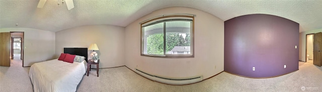 152 S 324th Pl Unit 65, Federal Way, WA 98003 - living area featuring baseboard heating, a textured ceiling, carpet, lofted ceiling, and a ceiling fan