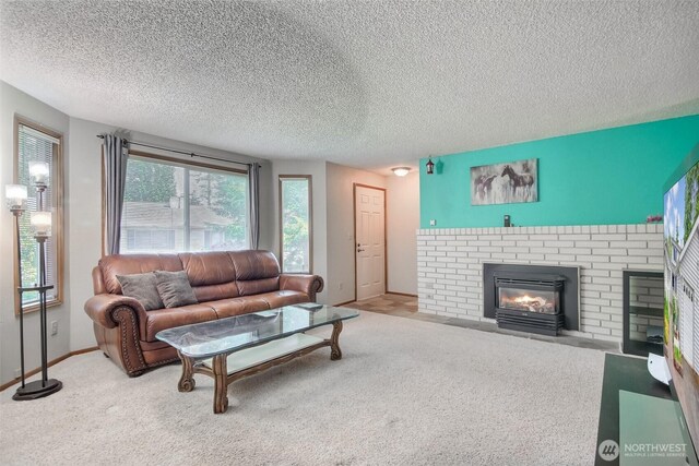 152 S 324th Pl Unit 65, Federal Way, WA 98003 - living room with a fireplace, carpet floors, a textured ceiling, and baseboards