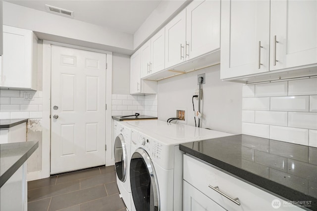 17004 11th Ave NE, Shoreline, WA 98155 - laundry room with cabinet space, washer and clothes dryer, and dark tile patterned flooring