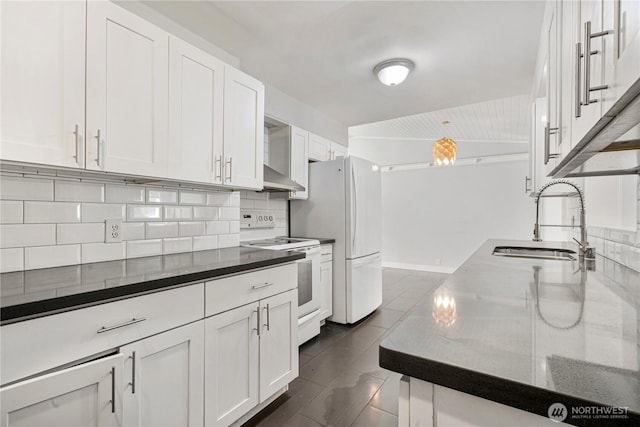 17004 11th Ave NE, Shoreline, WA 98155 - kitchen featuring white appliances, a sink, decorative backsplash, and white cabinets