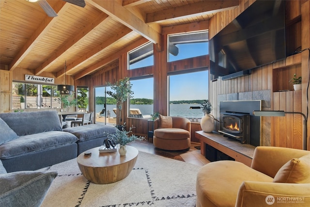 6570 E Grapeview Loop Rd, Allyn, WA 98524 - tiled living room with wood ceiling and a water view