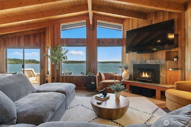 6570 E Grapeview Loop Rd, Allyn, WA 98524 - living room with a water view, healthy amount of natural light, wood ceiling, a lit fireplace, and wood walls