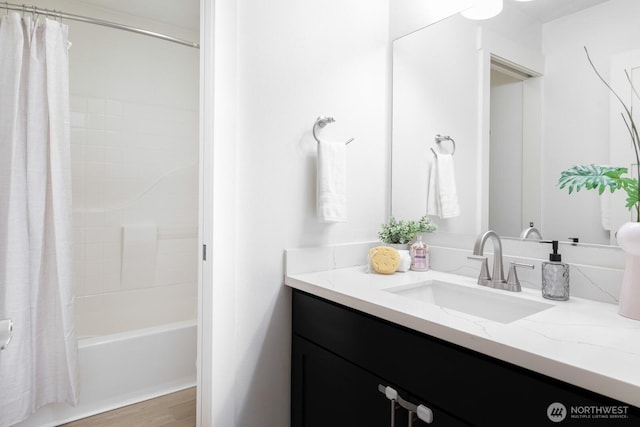 4121 Martin Luther King Jr Way S, Seattle, WA 98108 - bathroom featuring vanity, shower / tub combo with curtain, and wood finished floors