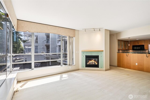 2929 1st Ave Unit 205, Seattle, WA 98121 - unfurnished living room with a glass covered fireplace, carpet, and rail lighting