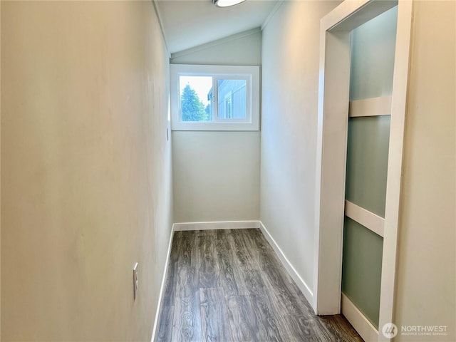 18501 52nd Ave W Unit 84, Lynnwood, WA 98037 - hallway with dark wood-type flooring, lofted ceiling, and baseboards