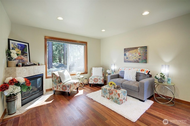 2509NE 125th St, Seattle, WA 98125 - living room with baseboards, wood finished floors, recessed lighting, and a tile fireplace