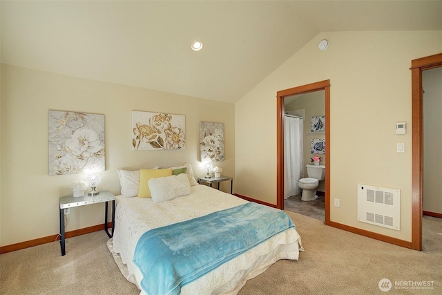 2509NE 125th St, Seattle, WA 98125 - carpeted bedroom with lofted ceiling, baseboards, heating unit, and connected bathroom