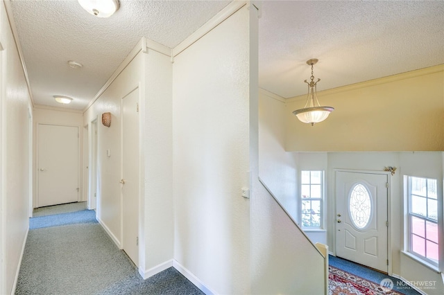 26421 Kingsview Loop NE, Kingston, WA 98346 - foyer featuring a textured ceiling, carpet floors, ornamental molding, and baseboards