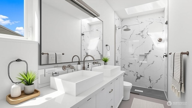 1114 26th Ave Unit A, Seattle, WA 98122 - bathroom featuring a marble finish shower, double vanity, and a skylight