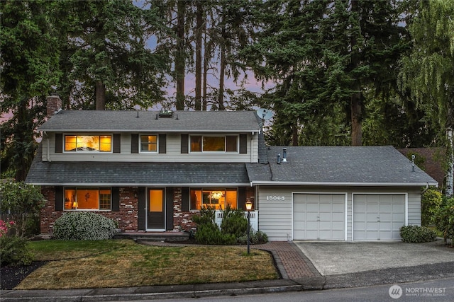 15068 NE 13th St, Bellevue, WA 98007 - view of front facade featuring a chimney, an attached garage, driveway, a porch, and a lawn