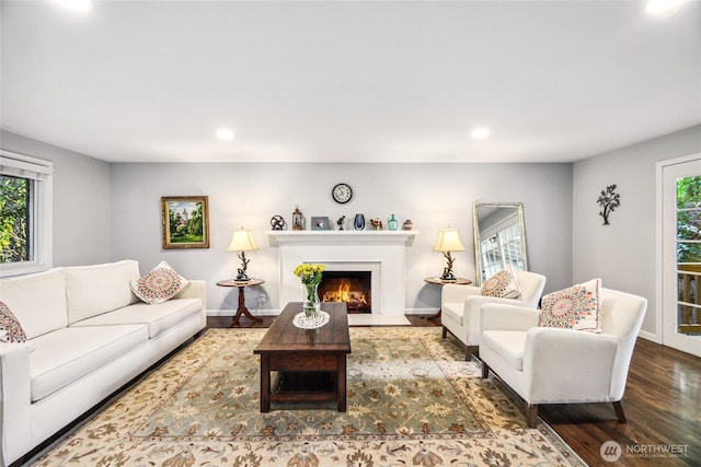 15068 NE 13th St, Bellevue, WA 98007 - living area featuring wood finished floors, recessed lighting, and a fireplace with flush hearth