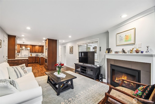 15068 NE 13th St, Bellevue, WA 98007 - living room with recessed lighting, dark wood-type flooring, and a fireplace