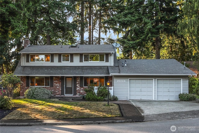 15068 NE 13th St, Bellevue, WA 98007 - view of front of home with a garage, a chimney, driveway, a porch, and brick siding