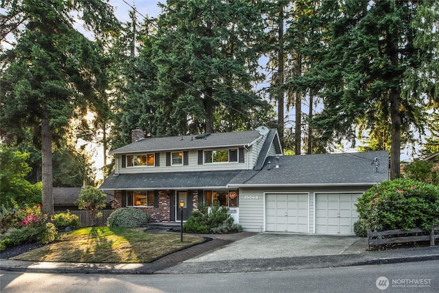 15068 NE 13th St, Bellevue, WA 98007 - view of front of home with an attached garage, driveway, a chimney, and covered porch
