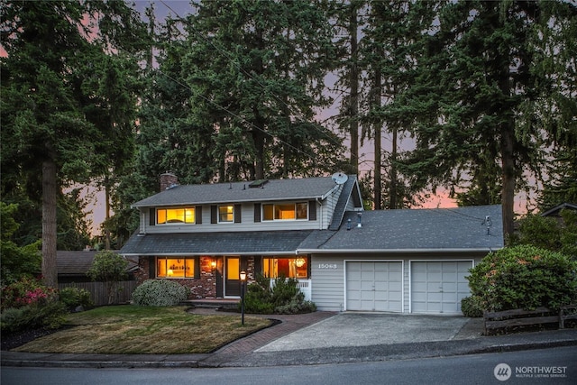 15068 NE 13th St, Bellevue, WA 98007 - view of front of home featuring driveway, a garage, and a chimney