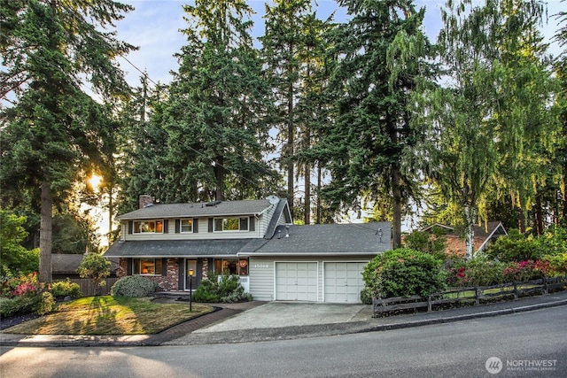15068 NE 13th St, Bellevue, WA 98007 - view of front of property with a garage, asphalt driveway, and a chimney