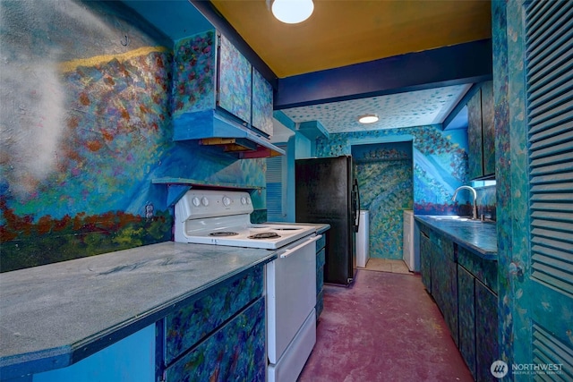 17108 47th Ave NE, Lake Forest Park, WA 98155 - kitchen with electric stove, under cabinet range hood, a sink, freestanding refrigerator, and carpet floors