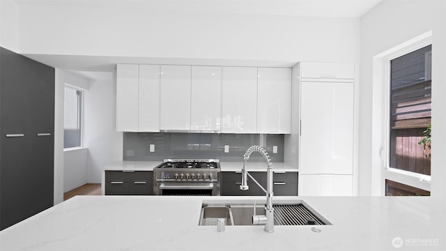 1112 26th Ave Unit A, Seattle, WA 98122 - kitchen featuring high end stove, modern cabinets, a sink, white cabinets, and light stone countertops