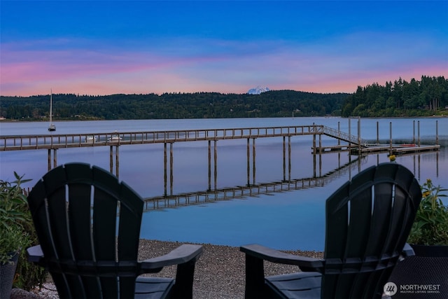 9707 SW Quartermaster Dr, Vashon, WA 98070 - view of patio with a water view, a forest view, and a floating dock