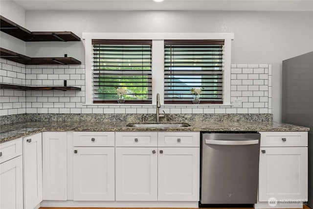 113 W Chenault Ave, Hoquiam, WA 98550 - kitchen featuring dishwasher, a sink, open shelves, and tasteful backsplash