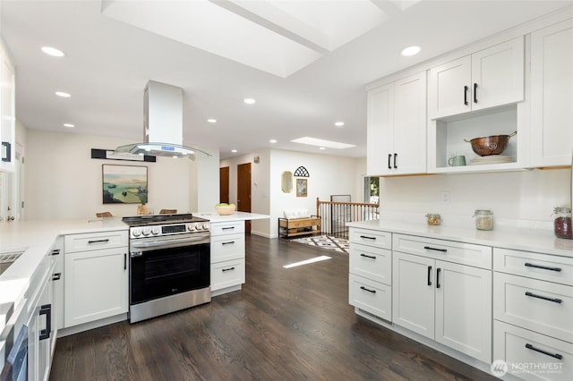 604 N 178th St, Shoreline, WA 98133 - kitchen with stainless steel range oven, island exhaust hood, dark wood-style floors, white cabinetry, and light countertops