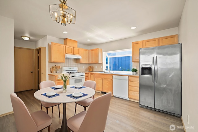 10040 19th Ave SW, Seattle, WA 98146 - kitchen with white appliances, light brown cabinets, under cabinet range hood, a sink, and recessed lighting