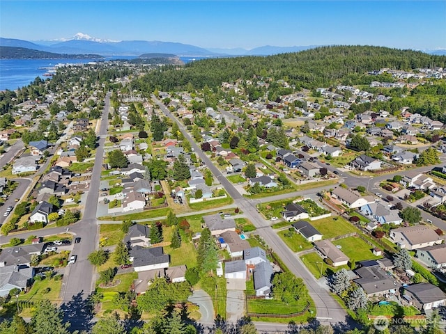 4008 W 4th St, Anacortes, WA 98221 - aerial view of property's location with a mountain backdrop, a heavily wooded area, and nearby suburban area