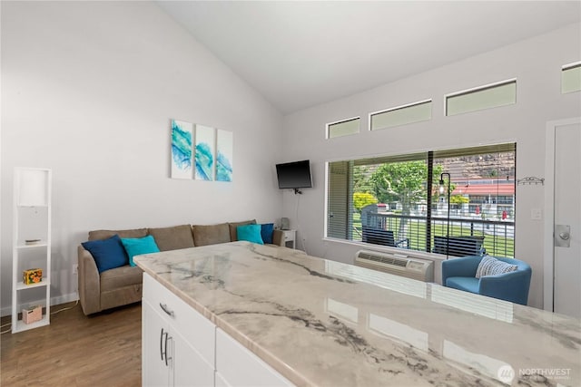 8903 Crescent Bar Rd Unit 158, Quincy, WA 98848 - living area with wood finished floors, high vaulted ceiling, and baseboards