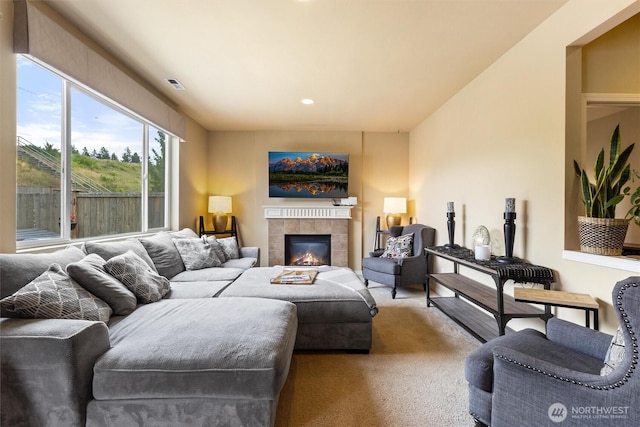 5418 Bennett Ave SE, Auburn, WA 98092 - living area with a tiled fireplace, recessed lighting, and carpet