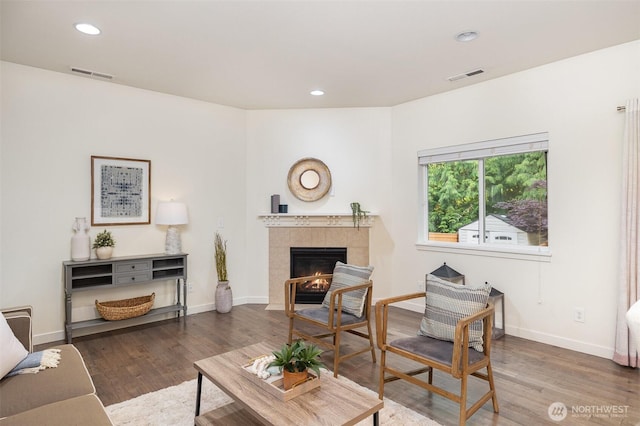 22326 35th Dr SE, Bothell, WA 98021 - living area featuring wood finished floors, a tile fireplace, recessed lighting, and baseboards
