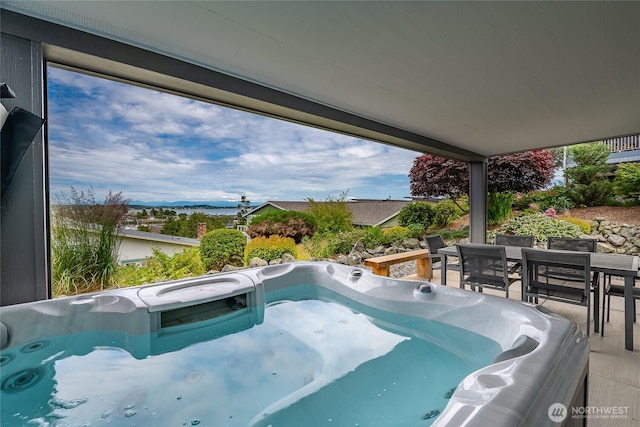 8054 Makah Rd, Birch Bay, WA 98230 - view of swimming pool with a hot tub, a mountain view, and outdoor dining area