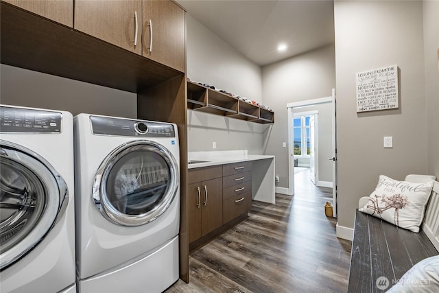 8054 Makah Rd, Birch Bay, WA 98230 - washroom featuring independent washer and dryer, dark wood-type flooring, recessed lighting, and cabinet space