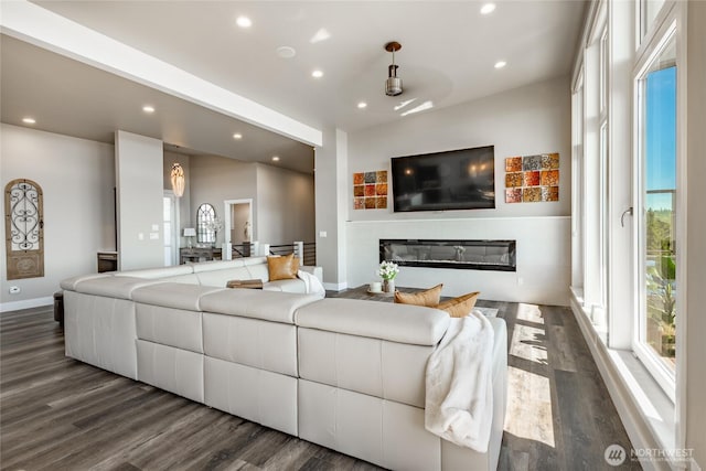 8054 Makah Rd, Birch Bay, WA 98230 - living area featuring recessed lighting, a glass covered fireplace, and dark wood-style flooring