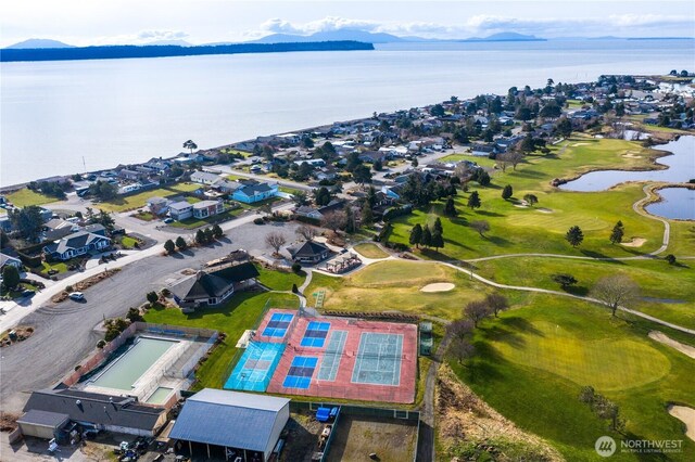 8068 Niska Rd, Blaine, WA 98230 - aerial overview of property's location with a water and mountain view, a golf club, and nearby suburban area