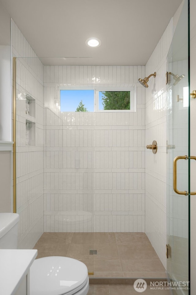 10602 NE 137th Pl, Kirkland, WA 98033 - bathroom featuring a stall shower, vanity, recessed lighting, and tile patterned floors