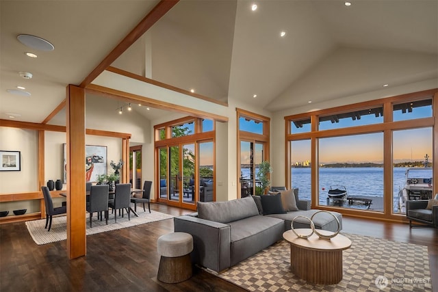 1104 Lakeside Ave S, Seattle, WA 98144 - living room featuring wood finished floors, a water view, high vaulted ceiling, and recessed lighting