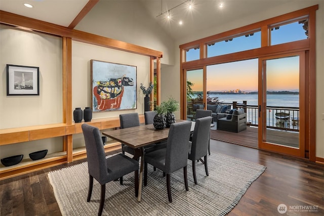 1104 Lakeside Ave S, Seattle, WA 98144 - dining area with wood finished floors, a water view, high vaulted ceiling, and recessed lighting