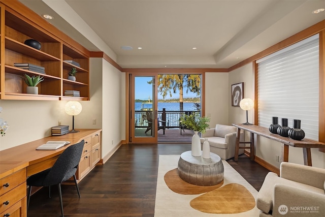 1104 Lakeside Ave S, Seattle, WA 98144 - office with built in study area, dark wood-style floors, recessed lighting, and a water view