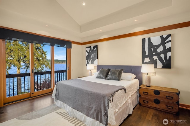 1104 Lakeside Ave S, Seattle, WA 98144 - bedroom featuring a water view, wood finished floors, lofted ceiling, access to exterior, and recessed lighting