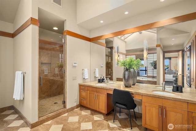 1104 Lakeside Ave S, Seattle, WA 98144 - full bathroom with double vanity, a stall shower, and recessed lighting