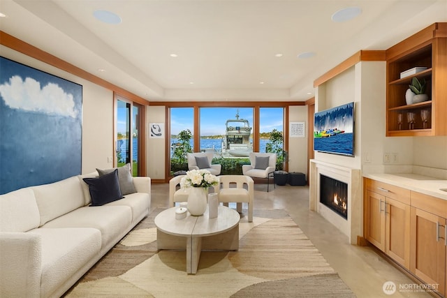 1104 Lakeside Ave S, Seattle, WA 98144 - living area with a glass covered fireplace, recessed lighting, and concrete floors